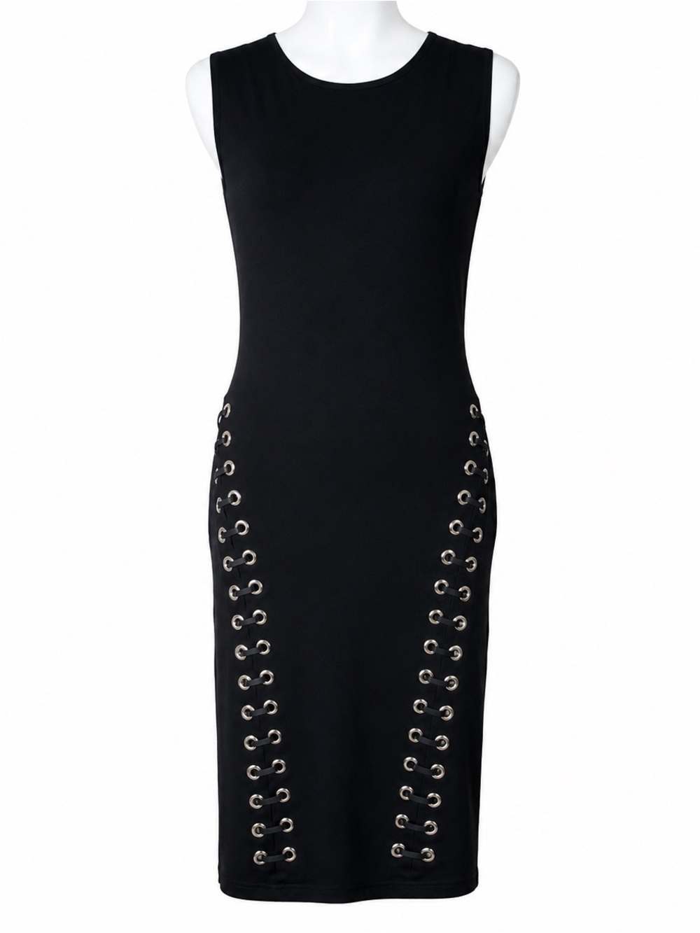 Carmen Marc Valvo Black Lace-Up Grommet Sheath Midi Dress Size Large